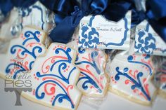 decorated cookies in blue, red and white are on display for guests to take home