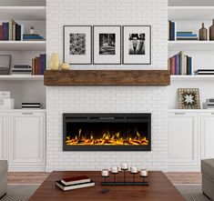 a living room with a fire place and books on the shelves in front of it