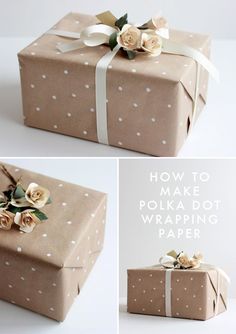 three pictures of a wrapped present with white polka dots and flowers on the top one