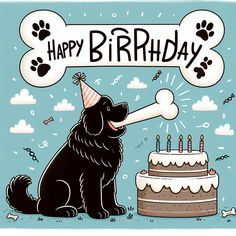 a happy birthday card with a dog blowing out the candles on a cake that says happy birthday