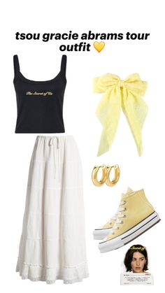 a woman in black top and white skirt with yellow accessories on her head, wearing converse sneakers