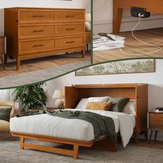 there are two different pictures of a bed and dresser