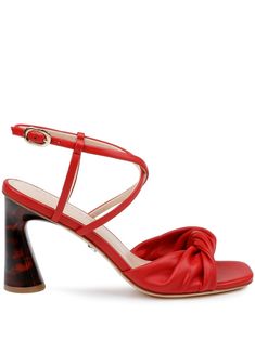 red leather twisted band crossover strap detail ankle strap gold-tone buckle fastening silver-tone logo plaque tortoiseshell effect heel square open toe branded footbed Summer Sandals Heels, Cutest Shoes, Twisted Band, Sandal Heels, Chanel 2, Iconic Bags, Summer Beach Wear, Flat Boots, Fine Earrings