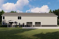 an artist's rendering of a two - story barn with garage and covered porch