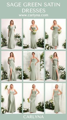 the sage green satin bridesmaid dress is shown in many different angles and sizes