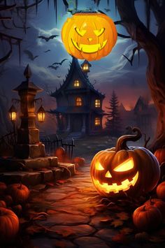 a halloween scene with jack o lantern and pumpkins