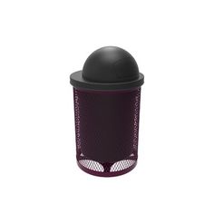 a trash can with a black lid and purple mesh around the top, on a white background