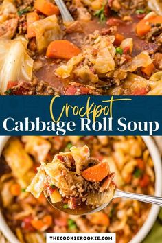 the crockpot cabbage roll soup in a white bowl with a spoon