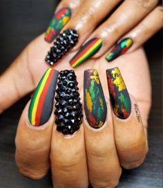 Juneteenth Nail Design, Jamaica Nails, Rasta Nails, Dope Nail Designs, Unique Acrylic Nails, Nails Only, Pretty Nail Art, Luxury Nails, One Love