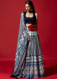 Deep Blue Moroccan Lehenga Set Juhi Bengani - Fabilicious Fashion Indo Western Dresses For Women, Western Dresses For Women, Printed Lehenga, Royalty Aesthetic, Indo Western Dress, Lehenga Skirt, Printed Dupatta, Indian Wedding Wear, College Girl