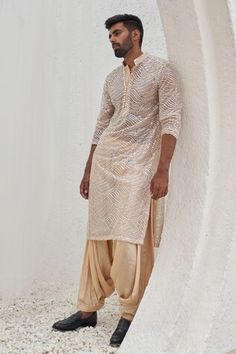 Beige full sleeves kurta with all over leaf swerve tonal sequin embroideries. Paired with a patiala. - Aza Fashions Kurta Patiala For Men, Traditional Dress For Men Indian, Dhoti Outfit Men, Boys Traditional Outfit, Wedding Kurta For Men Style, Mens Kurta Designs Wedding, Stylish Kurta Pajama For Men, Wedding Guest Dress Men, Patiala For Men