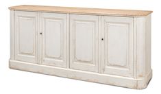 an old white cabinet with wooden top and doors on the bottom, isolated against a white background