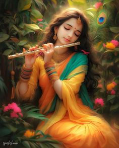 a painting of a woman playing the flute