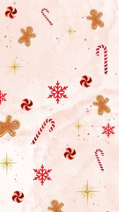 a christmas background with gingerbreads, candy canes and stars