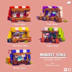 the different types of food stands are shown in this video game design, cartoon art, character