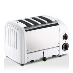 the toaster is white and has four slices on it