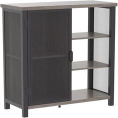 an open bookcase with mesh doors on the front and bottom shelves, in grey