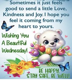 a teddy bear with flowers and butterflies on it's face, saying wishing you a beautiful wednesday