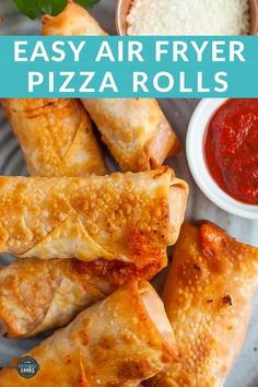 easy air fryer pizza rolls on a plate with sauce