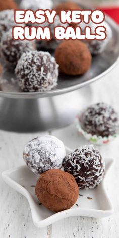 chocolate coconut keto rum balls on a white plate with text overlay that reads easy keto rum balls