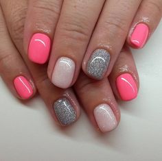 Click the pic to try this cute set of nails for yourself! Pink, silver and baby pink with glitter is beautiful all year. The post is from this one https://www.instagram.com/p/8lw_BkgSUd/ and her instagram is filled with other cute designs for nails! Nice nails can be done at home for less!! Nagellack Trends, Gel Nail Art Designs, Gel Nail Design, Shellac Nails, Neon Nails, Nail Polish Designs, Crystal Nails, Cute Nail Designs