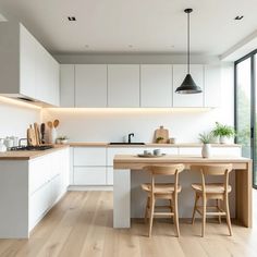 the kitchen is clean and ready to be used for cooking or eating, with two stools at the island