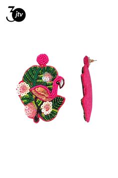 Off Park�� Collection, Pink/Green Left & Right Flamingo Earring with Pushback Closure. Measures Approximately 3"L X 2"W Flamingo Earrings, Left And Right, Pink And Green, Flamingo, Green, Pink