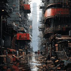 people walking down an alleyway in the rain with buildings on either side and debris everywhere