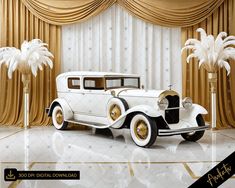 an old fashion car parked in front of a gold drapeed window with palm trees