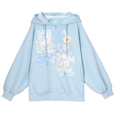 This loose-fit blue hoodie combines casual comfort with playful charm, featuring a cute lamb print and a cozy hood. The design is accented with a sweet bowknot detail.  Garment Size   	 		 			Size 			S 			M 			L 		 		 			Full Length 			62.5 			64.5 			66.5 		 		 			Shoulders 			70 			72 			74 		 		 			Bust 			126 			130 			134 		 		 			Hem Circumference 			106 			110 			114 		 		 			Cuff 			21 			22 			23 		 		 			Sleeve Length 			44 			45 			46 Casual Cartoon Print Outerwear For Spring, Casual Outerwear With Cartoon Print For Spring, Kawaii Blue Cotton Hoodie, Blue Cotton Kawaii Hoodie, Cute Blue Tops With Drawstring Hood, Blue Hoodie With Cartoon Print For Fall, Cute Blue Hoodie With Cartoon Print, Spring Cartoon Print Hoodie Sweatshirt, Cute Spring Sweatshirt With Drawstring Hood