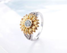 Sunflower Ring Stack Ring Flower Stack Ring Flower Ring | Etsy Yellow Gold Sterling Silver Flower Ring, Silver Sunflower Design Ring, Silver Jewelry With Sunflower Design, Sunflower Jewelry Inspire Uplift ⭐, Argentium Silver Jewelry, Yellow Flower-shaped Jewelry With Sunflower Print, Sunflower Ring, Ring Flower, Stack Ring