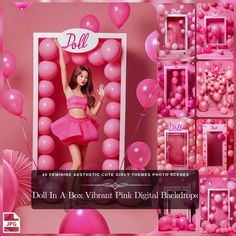 an advertisement for doll in a box virtual pink digital backdrop with balloons and photoshopping