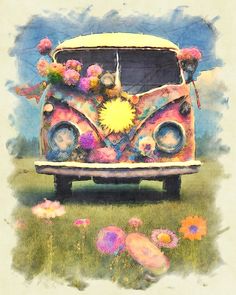 an old van with flowers painted on it