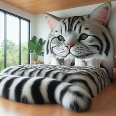 a large white and black cat laying on top of a wooden floor next to a window