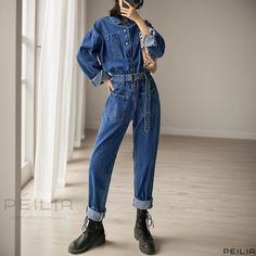 Peilia - Retro High-Waisted Denim Jumpsuit with Wide-Leg Utility Outerwear Styling Wide Leg Pants, High Waist Denim, Workwear Jacket, Denim Jumpsuit, Wide Leg Denim, Utility Jacket, High Waisted Denim, Olivia Mark, Wide Leg Trousers