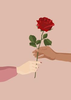 two hands reaching out towards each other to touch a red rose that is being held by someone's hand