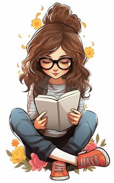 Menina dos desenhos animados lendo um li... | Premium Photo #Freepik #photo #livro #flor #leitura #oculos Reading Book Pictures, Book Reading Drawing, Girl Reading Drawing, Girl Reading Book Drawing, Girl With Books Drawing, Cartoons Reading Books, A Girl Reading A Book, Reading Illustration, Girl With Book