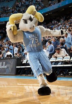 a mascot is running on the court in front of an audience