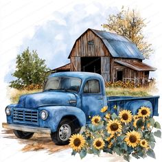 an old blue truck parked in front of a barn with sunflowers