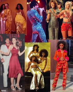 many different pictures of women in disco outfits and one has her hands on her hips