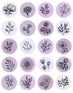 the different types of flowers are drawn in black and white on a light purple background