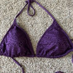 Used- Rarely Worn Bikini Top In A Dark Purple Color. Size L. No Damage, No Stains, Never Worn In A Pool Only To The Beach. Overall: Great Condition Purple Summer Halter Top For Beach, Summer Purple Halter Top For Beach Season, Purple Halter Top For Beach Vacation, Fitted Purple Halter Top For Beach Season, Purple Fitted Bohemian Swimwear, Goth Mermaid, Purple Swimsuit, Dark Purple Color, Swimsuits Halter