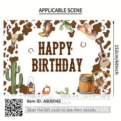 a happy birthday card with an image of farm animals and barrels in the middle of it