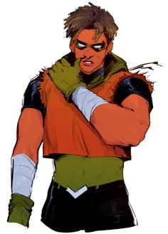 a drawing of a man with his arms crossed and wearing an orange shirt, black pants and green scarf