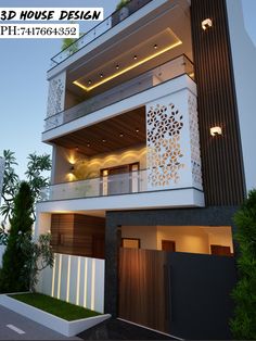 the front view of a modern house with an open balcony and balconies on the second floor