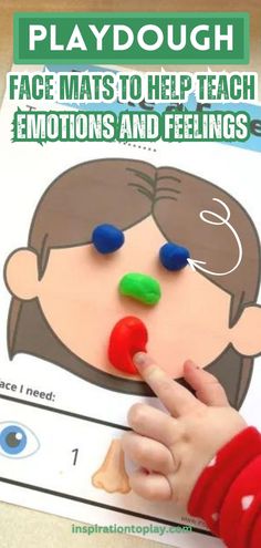 a child's hand holding a piece of paper with the words face mats to help teach emotions and feelings