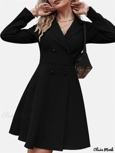 Olivia Mark - Solid Color Double Breasted Long Sleeve Blazer Jacket Trenchcoat Style, Mode Mantel, Commuter Style, Double Breasted Dress, Suit Collar, Trench Coat Style, Long Sleeve Outerwear, Double Breasted Trench Coat, Winter Shirts