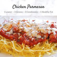 chicken parmesan on a plate with cheese and sauce over it is the title