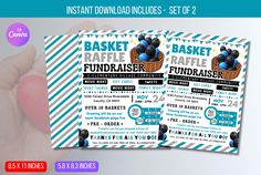 two basketball raffle fundraiser flyers are shown in front of a blue and white striped background