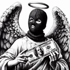 a drawing of an angel with a dollar bill in his hand and wearing a mask